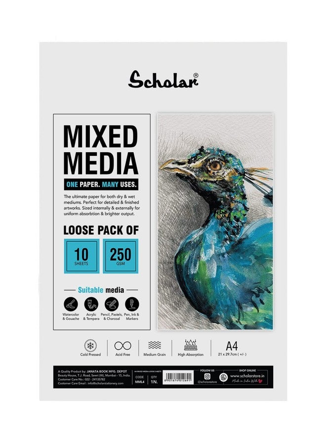 Scholar Mixed Media Paper | 250 GSM Cold Pressed Medium Grain | 10 Loose Sheets | Premium Artist Paper for Watercolour, Acrylic, Ink, Pencil & Mixed Media Art Practice (A4) (MML4) - Image 1